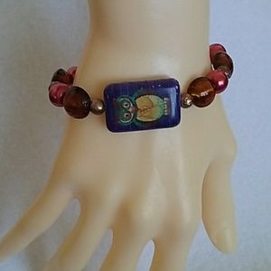 Owl beaded brown and navy stretch bracelet